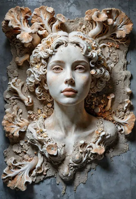 colorful, large flat cement concrete texture, intricate details, hyper-realistic, ral-mycelium, a young woman sculpted by Bernin...