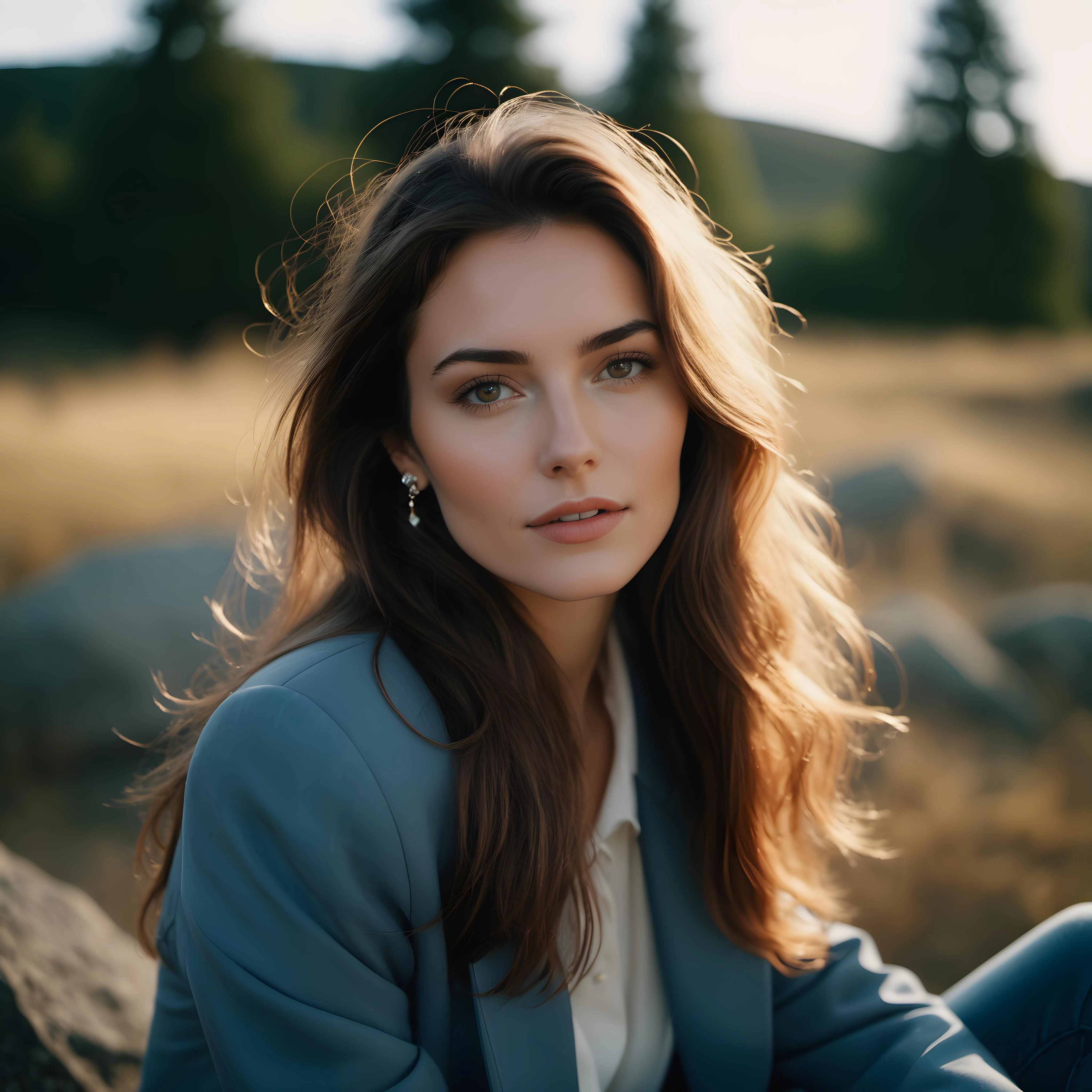 amateur photo of a woman, analog, raw, f2, 35mm, an (amateur photo) of a 50 year old candid photo of a woman, flash photography, taken on an old camera, polaroid, half body photo of a beautiful 20 years old Icelandic girl, extremely detailed eyes, beautiful face, detailed natural skin with pores, sitting on a rock with legs crossed, looking peaceful., Oversized blazer, skinny jeans, loafers, shoulder bag, stud earrings, (lofi, bokeh), by Marta Bevacqua, golden hour, cinematic lighting, (hazy filter, film grain:1.2). 8k, highly detailed, detailed skin texture, natural skin texture, perfect eyes, perfect iris, high detail eyes, detailed iris, detailed cloth texture, perfect eyes, detailed eyes, (high quality, best quality:1.3), Extremely high-resolution, film grain, dslr, Kodak Portra 400 camera f1.6 lens, 35mm, Fujifilm Superia Premium 400, Nikon D850, 