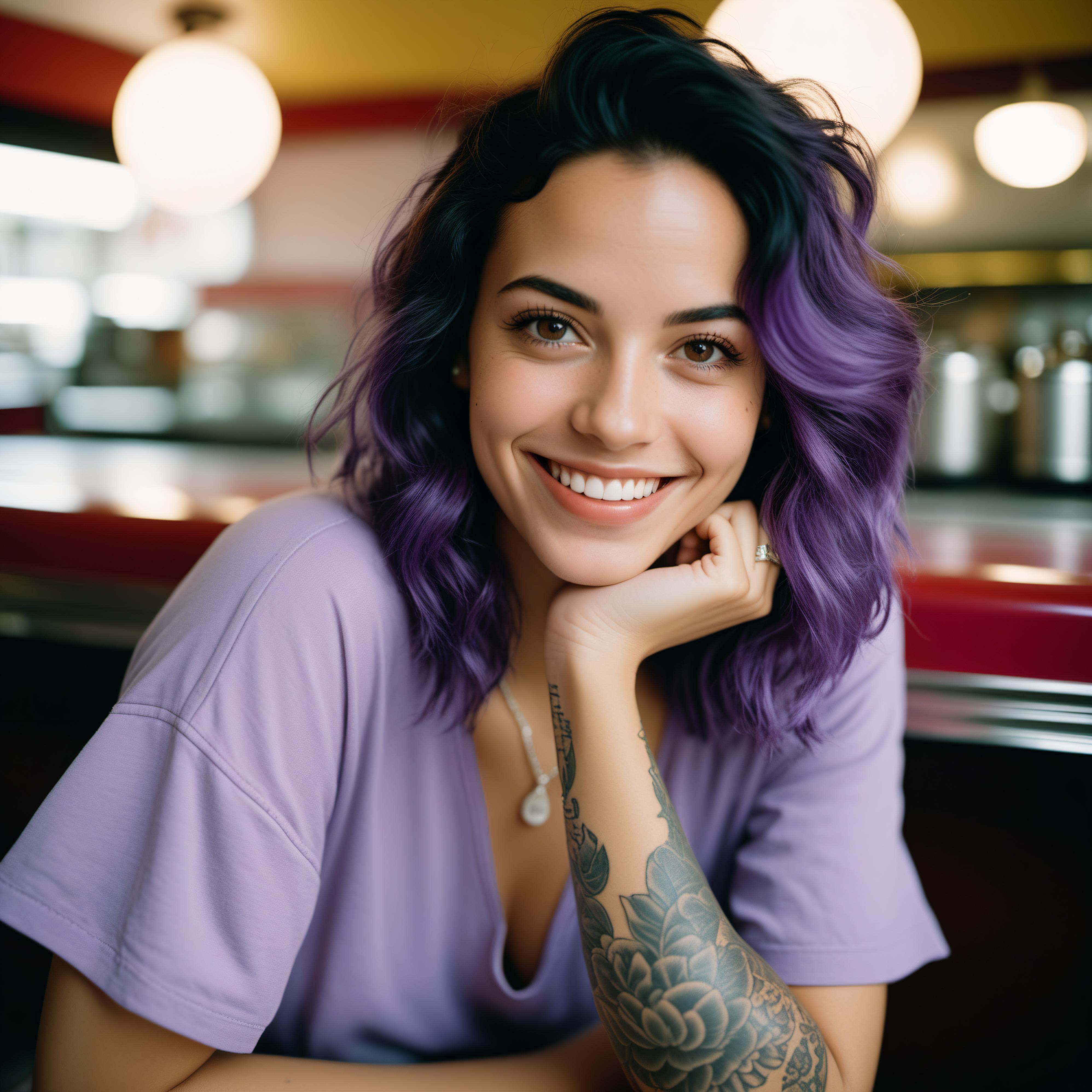 Arafed woman with purple hair sitting at a table in a restaurant - SeaArt AI