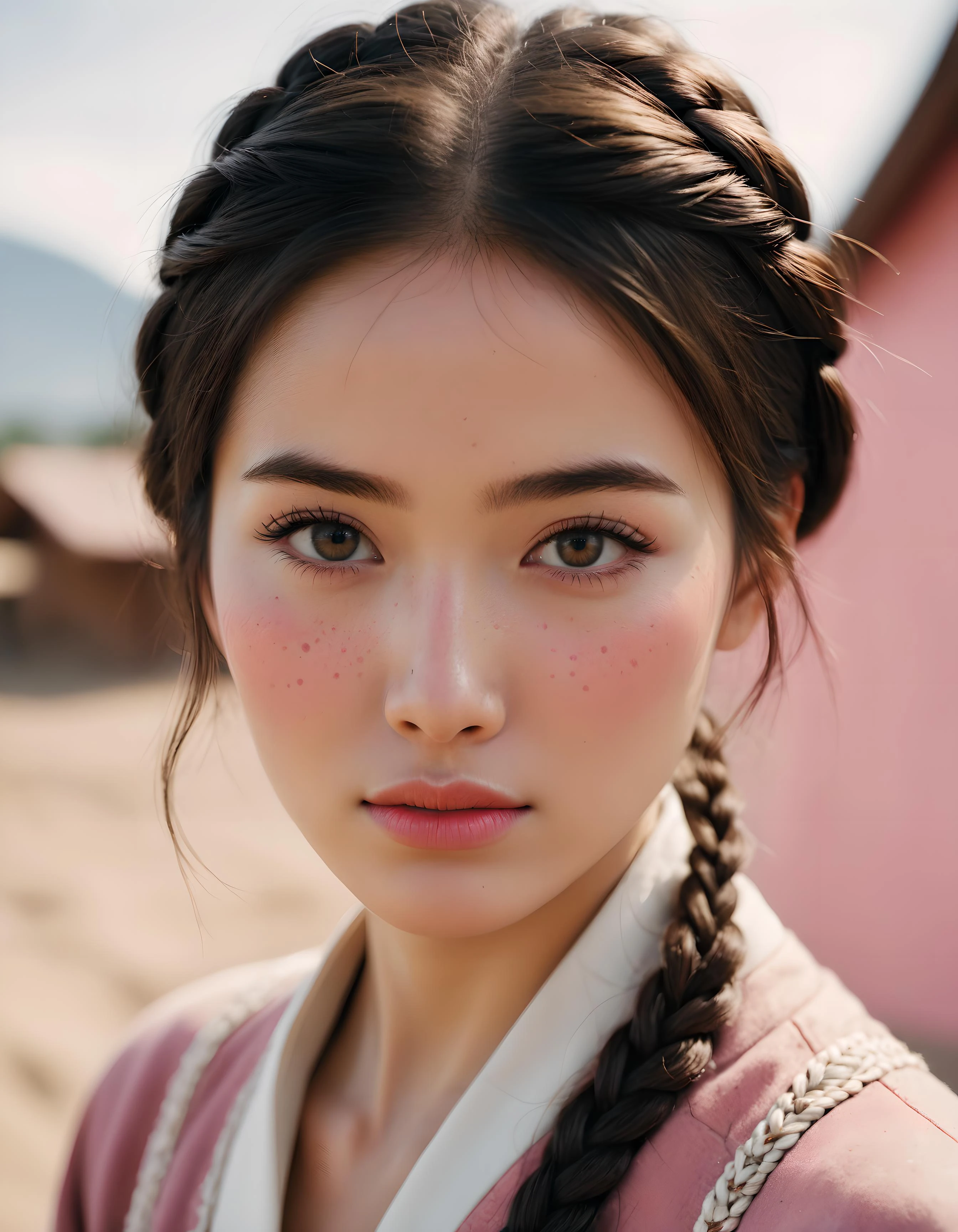 зрительный контакт кыргызской женщины, гримаса, первый, сложный, кремовая подводка для глаз, испачкать помаду, Нечетные числа, Нос-пуговица, веснушки, Стрижка волос с голландской косой, Розовый цвет кожи, мягкий фокус. 8К, очень подробный, Детализированная текстура кожи, Естественная текстура кожи, детальная текстура ткани, прекрасные глаза, подробные глаза,, (высокое качество, Лучшее качество:1.3), Чрезвычайно высокое разрешение, любительское фото, Фуджифильм Супериа Премиум 400, Фотопленка Nikon D850 Фотоаппарат Kodak Portra 400 f1.6 линз, 