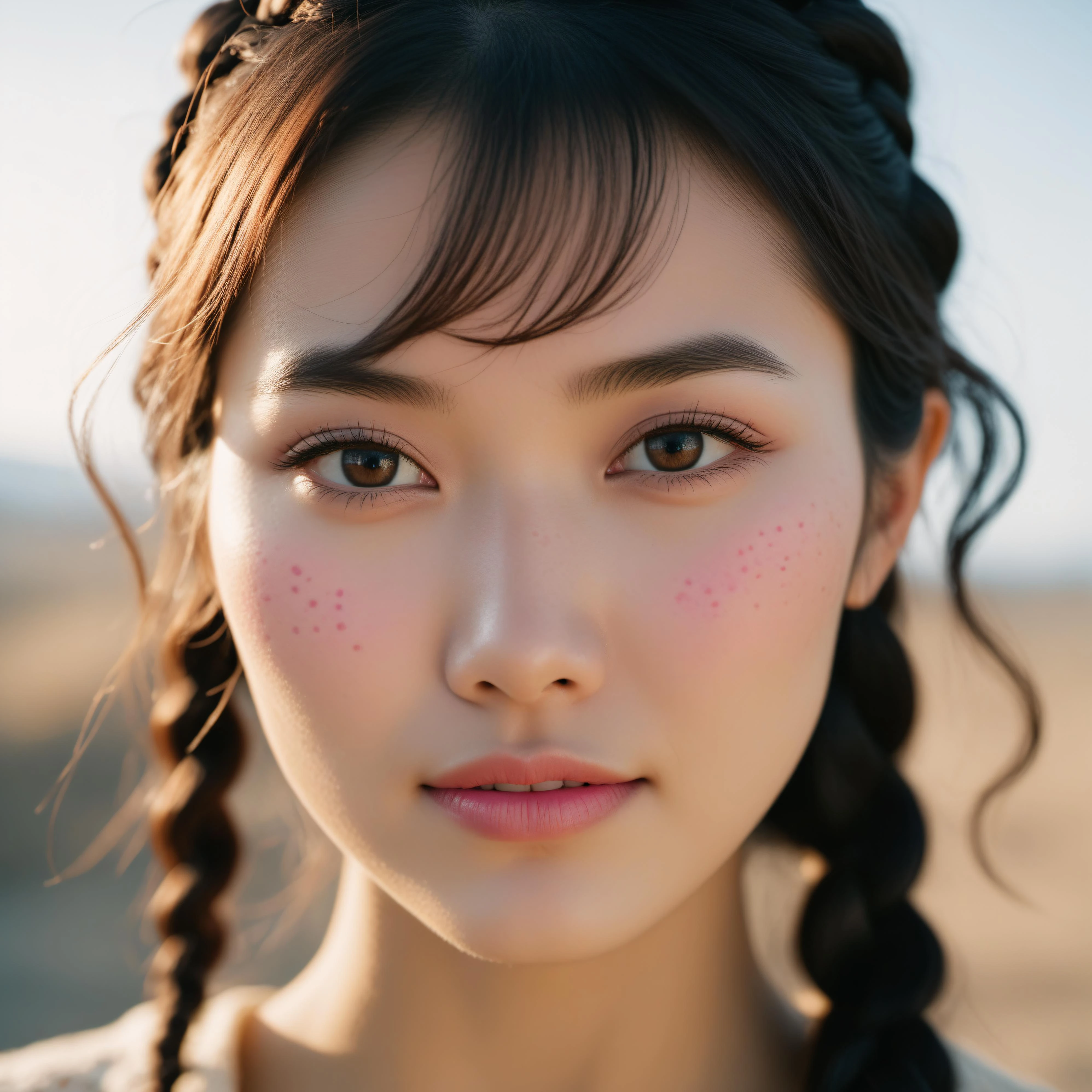 an eye contact of a Kyrgyz woman, grimace, primer, Intricate, cream eyeliner, stain lipstick, odd numbers, Button nose, Freckles, Dutch braid hair cut, pink skin color, soft focus. 8k, highly detailed, detailed skin texture, natural skin texture, detailed cloth texture, perfect eyes, detailed eyes,, (high quality, best quality:1.3), Extremely high-resolution, amateur photo, Fujifilm Superia Premium 400, Nikon D850 film stock photograph Kodak Portra 400 camera f1.6 lens, 