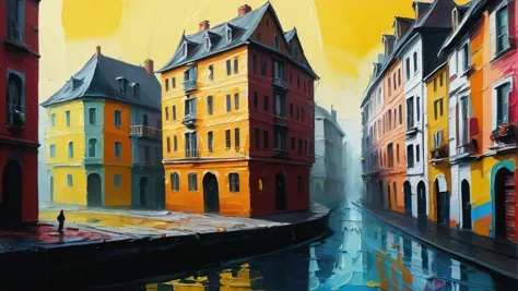 painting of a canal in a city with buildings and a yellow sky