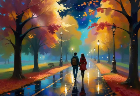 score_9, score_8_up, score_7_up, source_oil-painting, A vivid color pallette, a couple walking down a rainy city park trail, bri...