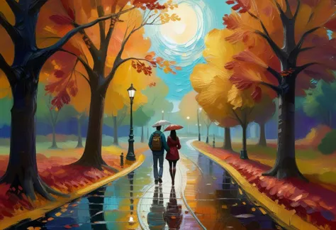 score_9, score_8_up, score_7_up, source_oil-painting, a vivid color pallette, a couple walking down a rainy city park trail, col...