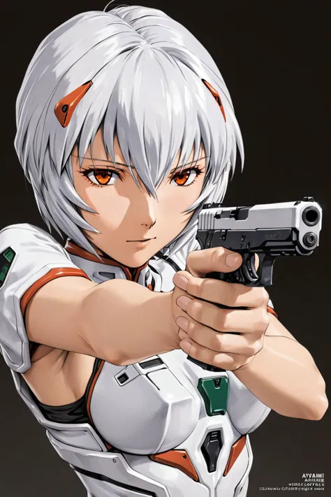 a woman in a white shirt holding a gun and pointing it