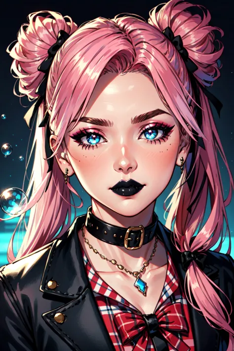 masterpiece, best quality,  1girl,  solo, long hair, twin tails, hair buns,  neon pink  hair,bangs,  makeup, black lips, lipstick, mascara, eyeshadow,  collar, bubble necklace, hair bow, front bow,  plaid jacket, sexy, fishnets, black leggings, Emo Punk, dynamic angle, side lighting, shiny skin, detailed eyes, detailed face, water flowing, wind swept hair, glitter , vivid colors