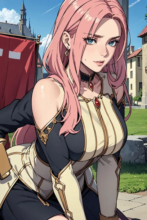 a close up of a woman with pink hair and a sword