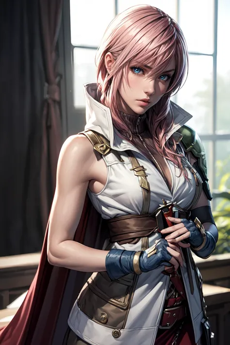 a woman with pink hair and a cape holding a sword