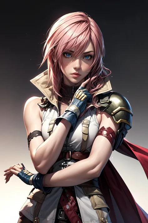 a woman with pink hair and a cape is posing for a picture