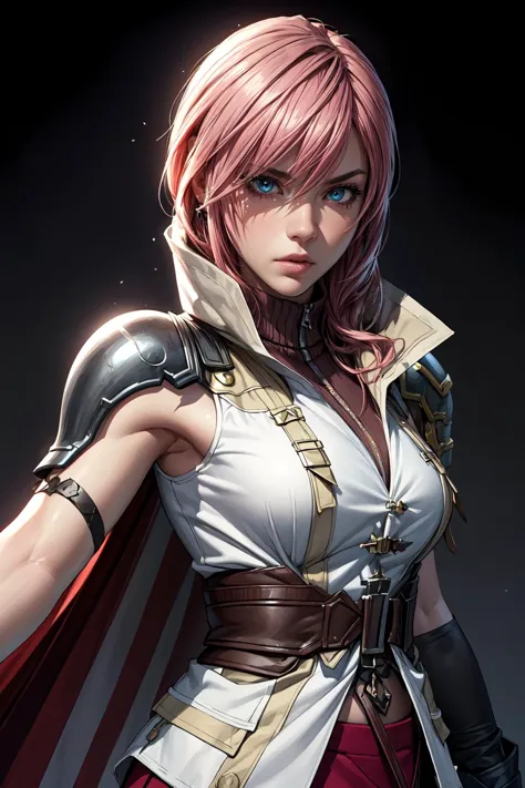 a woman with pink hair and a cape is holding a sword