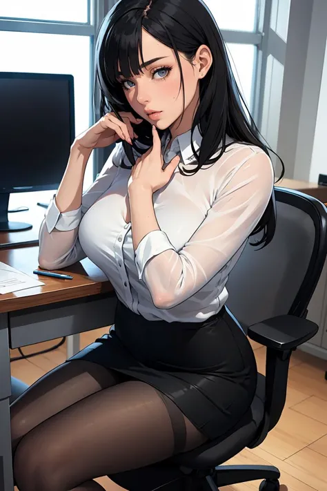 (masterpiece, best quality), a young black haired girl office secretary dressed in a transparent white blouse and black office skirt and black pantyhose ,sitting in an office chair, holding pencil, (detailed skin:1.3),(detailed eyes), (sharp focus),