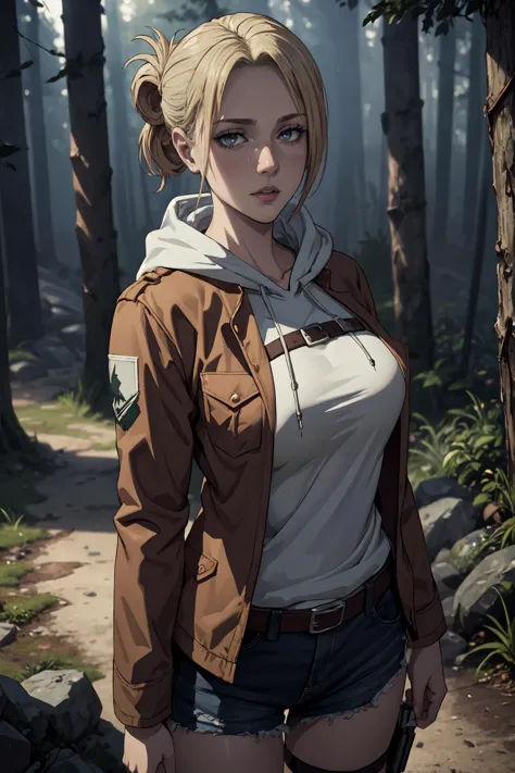 a woman in a brown jacket standing in a forest