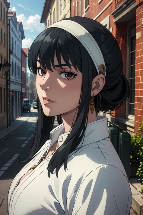 anime girl with black hair and white shirt standing in the street