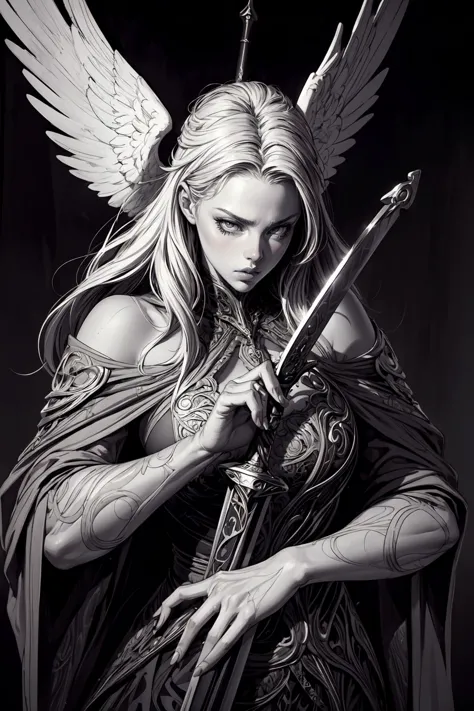 professional photograph of a sword and angel by sandra Chevrier and brian froud and J.A.W. Cooper , bold lines, hyper detailed, dark limited palette, dramatic lighting, beautiful shadow, (intricate details, masterpiece, best quality:1.4), 
<lora:add_detail:1>