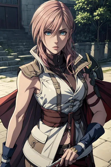 a woman with a sword and a cape is standing on a sidewalk