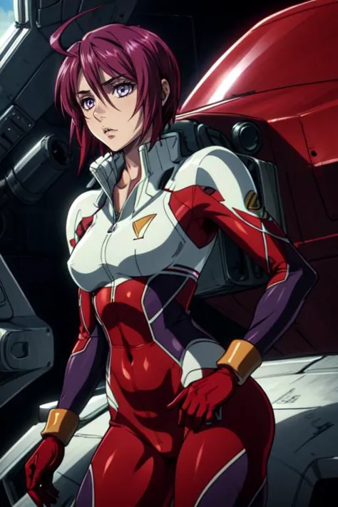 masterpiece, best quality, highres, 1girl, solo, short hair, ahoge, red hair, purple eyes, purple hair, pilot suit, gloves, <lora:lunamaria_hawke_v10:0.7>, cowboy shot, standing,