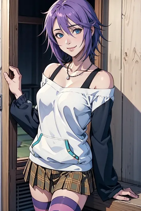 a close up of a person standing near a window with a purple hair