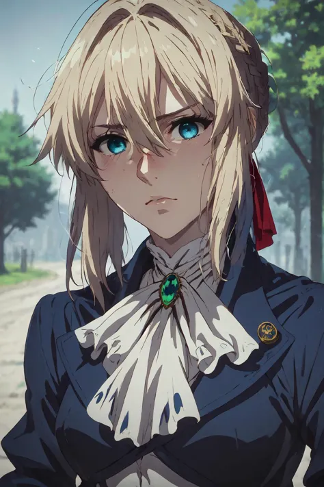 anime girl with blonde hair and blue eyes in a blue dress