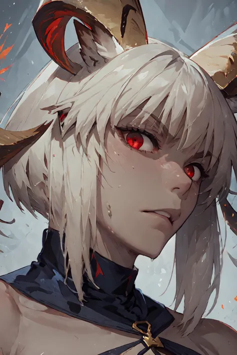 anime girl with horns and red eyes in a dark background