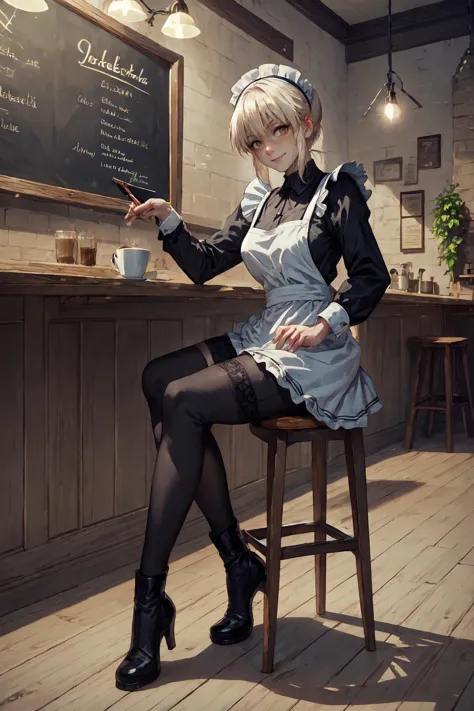 anime girl in a restaurant with a cup of coffee