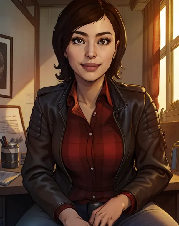 Yuriko,cheveux bruns,yeux marrons,sourire,
chemise en flanelle rouge,veste de cuir,jeans,
Séance,New York,
Poste de police,bureau,à l&#39;intérieur,
(Incroyablement détaillé, beau visage détaillé,Beaux yeux détaillés, chef-d&#39;œuvre, Meilleure qualité),seulement,