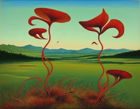 surreal painting of a carnibora plant in a beautiful landscape