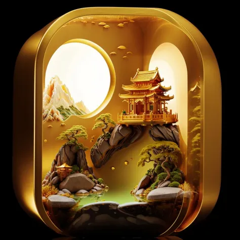 photorealistic,realive,miniature,bonsai in glass box,golden independent building,grass,nature,no humans,(underwater:1.3),fantasy...