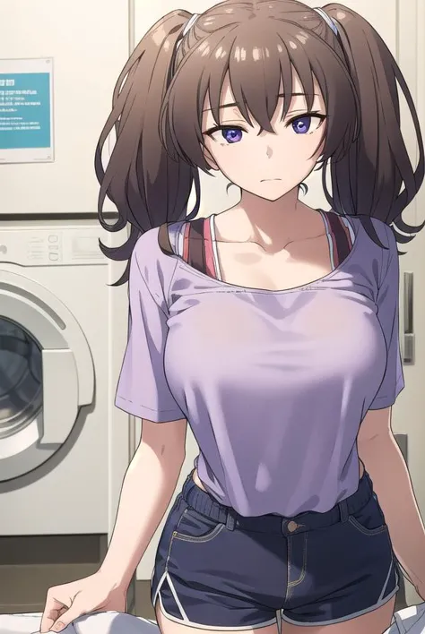 anime girl in shorts and a purple shirt standing in front of a washing machine