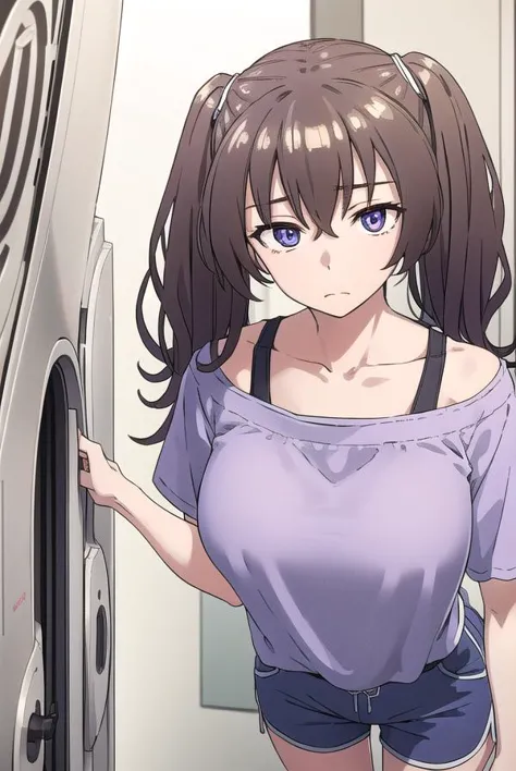 anime girl in short shorts and a purple shirt standing in front of a door