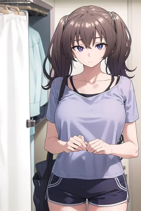 anime girl in a blue shirt and black shorts standing in a closet