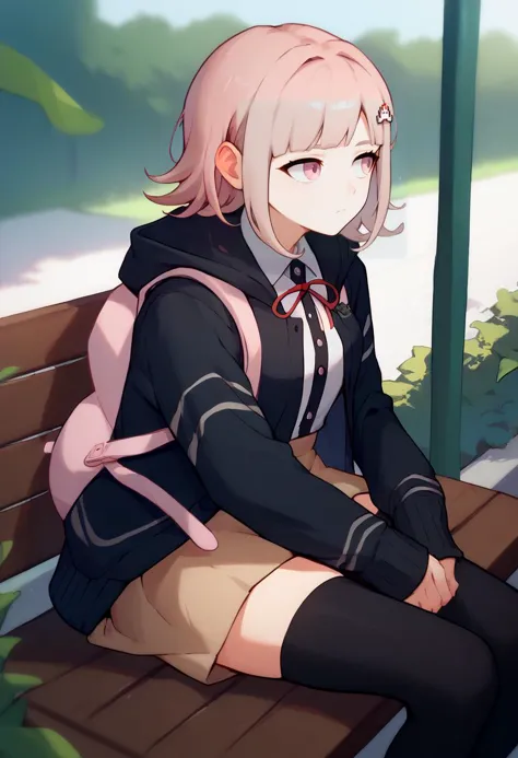 score_9, score_8_up, score_7_up, solo, 1girl, nanami chiaki, expressionless, looking away, sitting, bench, hairclip, black jacke...