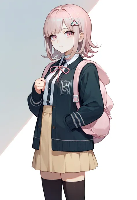 a woman in a school uniform holding a pink backpack