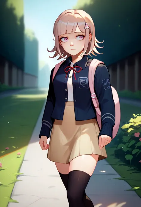 anime girl walking down a sidewalk with a backpack on her back