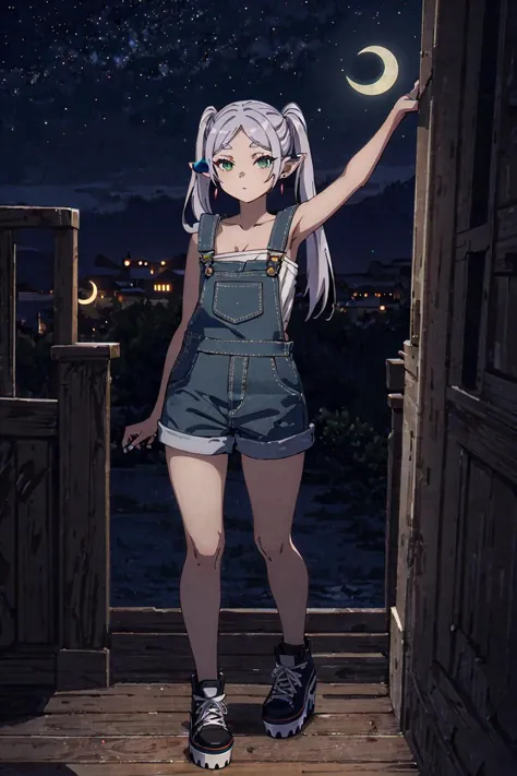 a woman in overalls standing on a porch at night