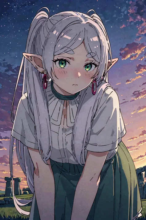 <lora:èèè®1Ve:0.9> white hair, grey hair, earrings, pointy ears, long hair, ponytail, green eyes, twintails, parted bangs, thick eyebrows,, (masterpiece, top quality, extremely detailed, best quality, beautiful and aesthetic:1.2), (1girl:1.3), original, high resolution, surreal,, from below, stonehenge, dusk, leaning forward, (strapless, layered skirt), shy, blush, (masterpiece, top quality, extremely detailed, best quality, beautiful and aesthetic:1.2), (1girl:1.3), original, high resolution, surreal,