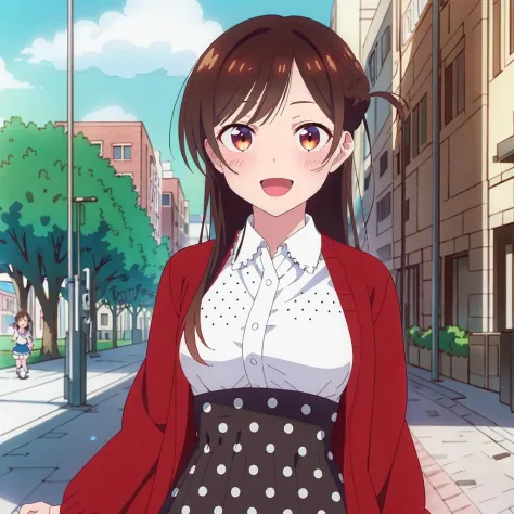 masterpiece,highres,high quality,extremely detailed,solo,town,
<lora:ChizuruMizuhara001:0.7>,looking at viewer,smile,open mouth,
ChizuruMizuhara,1girl,
half updo,
red cardigan,sleeves past wrists,open cardigan,ribbonless white blouse,
high-waist_skirt,polka dot,frills,