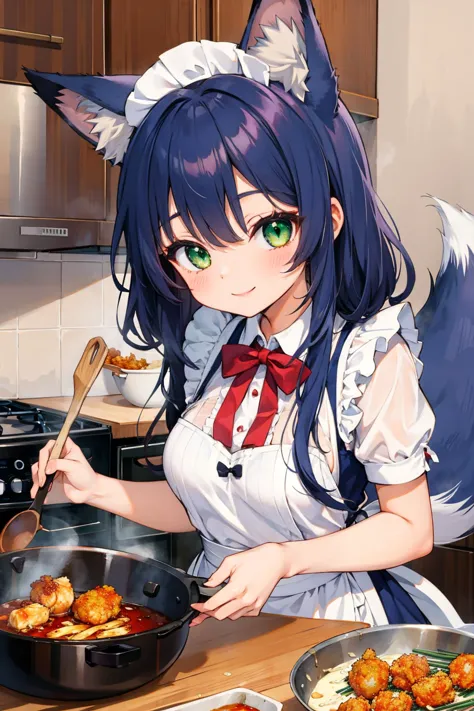 masterpiece, best quality, high resolution, absurdres,
fox girl maid frying karaage chicken, 1girl, long hair, dark ((blue)) hair, fox ears, fox tail, green eyes, smile, slim body medium breasts, kitchen, deep frying pan, cooking oil, solo, <lora:more_details:1>