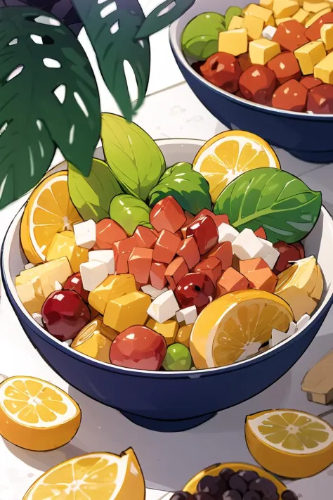 <lora:kakureEriaStyle-20:1.2> , a bowl of tropical fruits ,