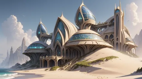 elvish architecture, scifi, fantasy, Coastal Dune