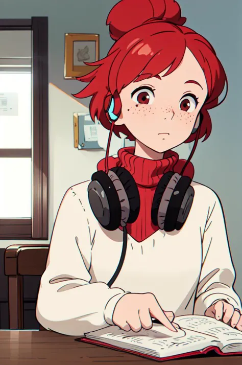 upper body, a mature 25 y.o girl  studying in her room with headphones on, wearing a turtleneck sweater, red hair, freckles, (pr...