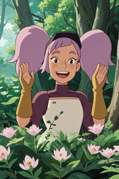 upper body, solo, 1girl, entrapta stands outside in a forest, raising hands, illustration,  ghibli, flower petals everywhere, ma...
