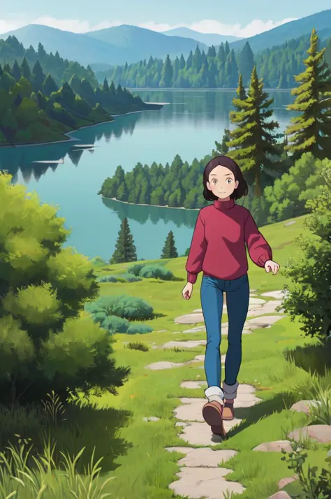 (masterpiece,best quality:1.3), 1girl, solo, wearing a sweater and jeans, tall, mature, walking in a lush mountain scape with tr...