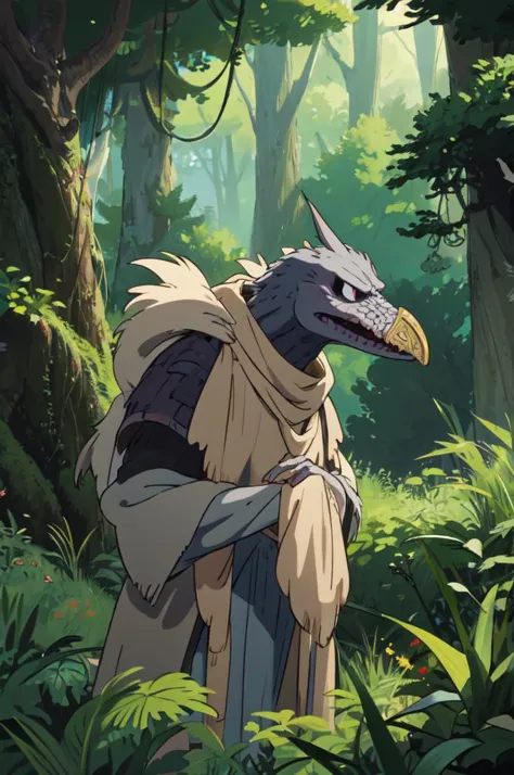 skeksil, upper body, a skeksis stands outside in a forest, profiles, illustration,  ghibli,  <lora:Skeksis:0.7>