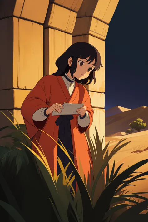 a woman in a red coat holding a tablet computer in a desert