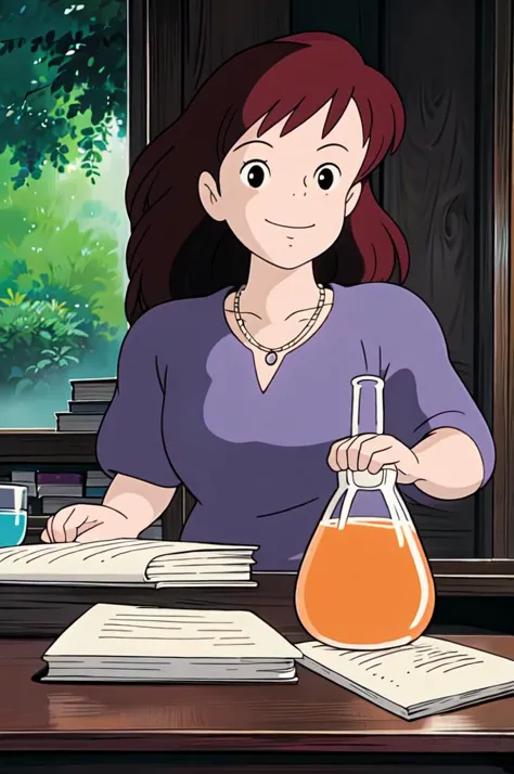 a woman sitting at a table with a glass and a beaker