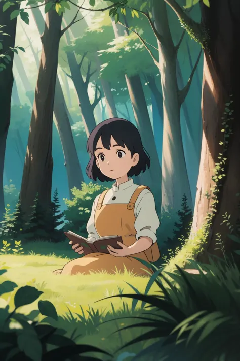 ghibli, 1girl, in the forest, (masterpiece,best quality:1.6)