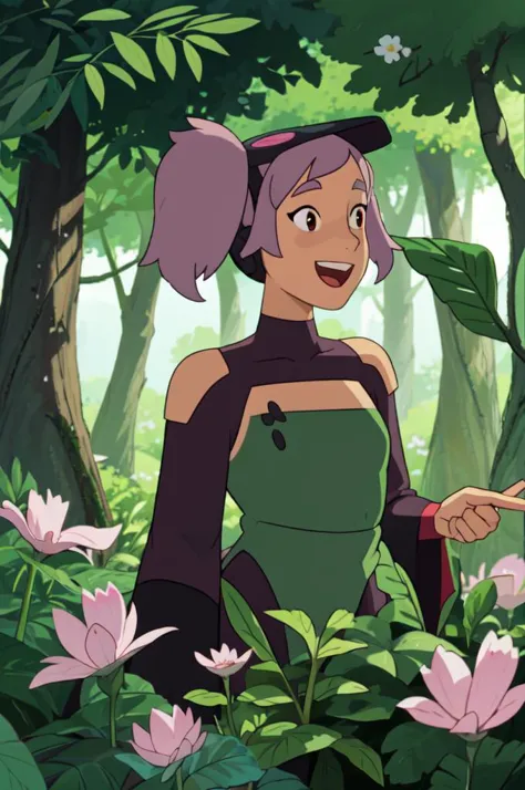 upper body, solo, 1girl, entrapta stands outside in a forest, illustration,  ghibli, flower petals everywhere, magic effects, lo...