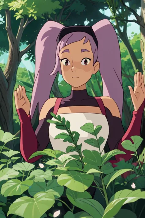 upper body, solo, 1girl, entrapta stands outside in a forest, raising hands, illustration,  ghibli, flower petals everywhere, ma...