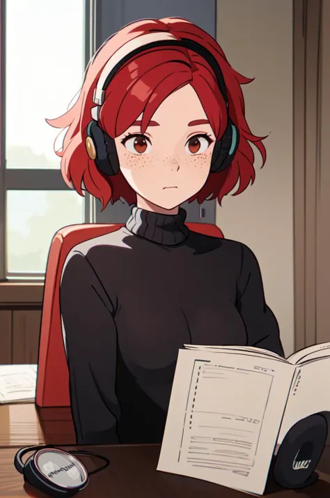 upper body, a mature 25 y.o girl  studying in her room with headphones on, wearing a turtleneck sweater, red hair, freckles, (pr...