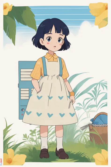 a cartoon girl in a dress standing in the grass